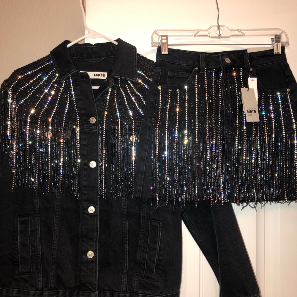 Black TOPSHOP dazzle fringed denim jacket